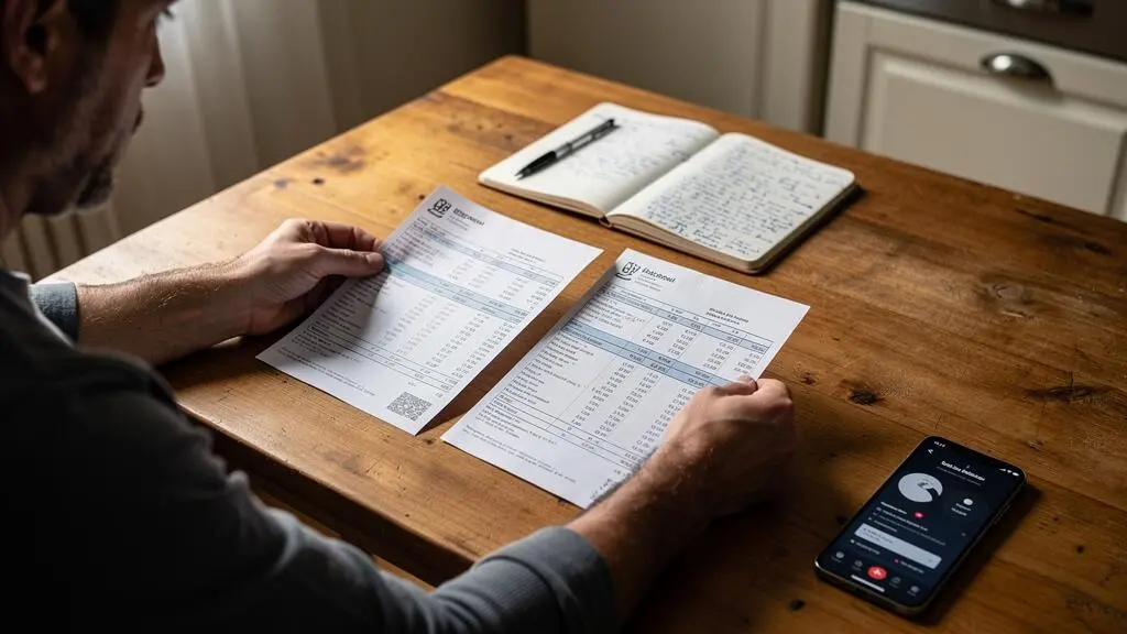 Des mains comparent deux documents de conditions bancaires sur une table en bois.