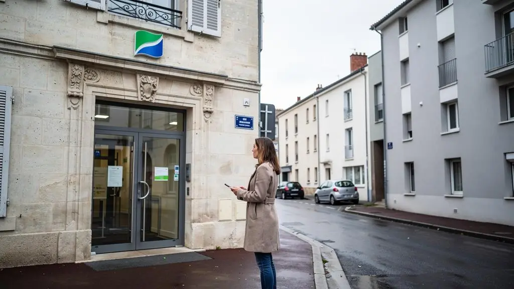 Une femme hésite entre une agence bancaire régionale et la rue de sa seconde ville.
