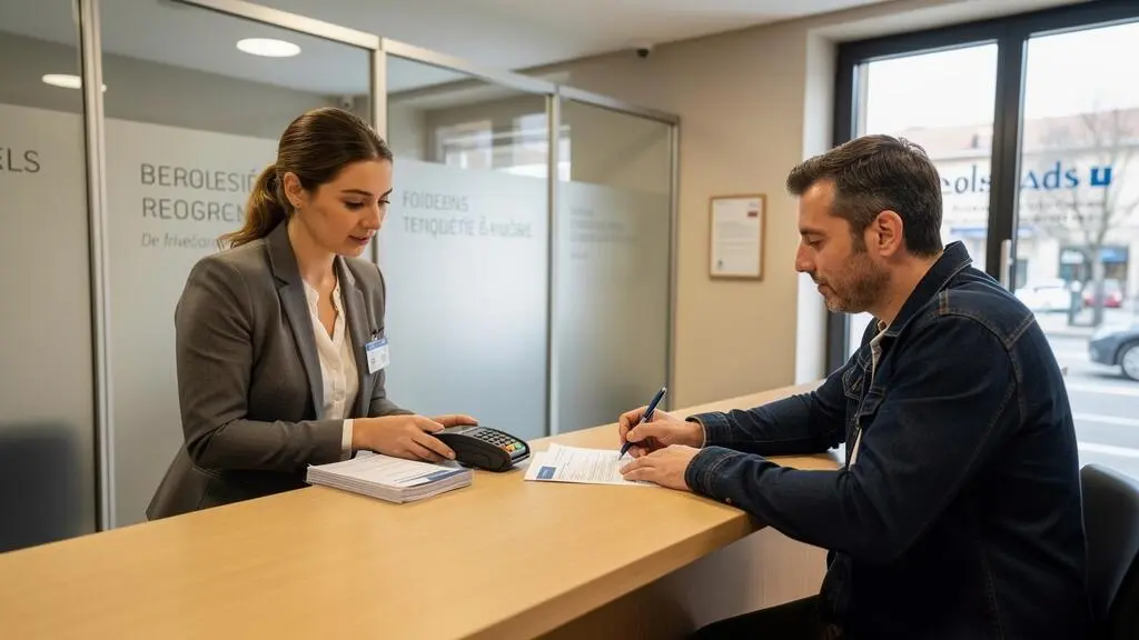 Un conseiller remet un lecteur de carte à un client qui signe dans une agence.